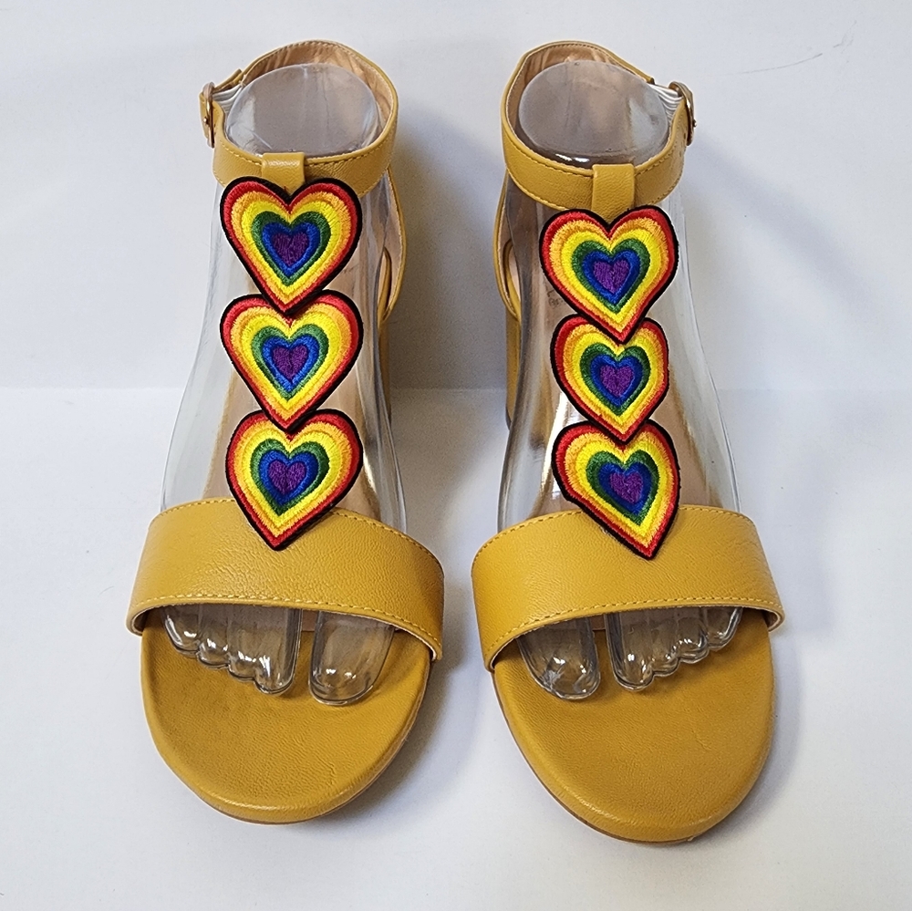 Royal Monk mustard yellow chunky heels with rainbow hearts women's size 6